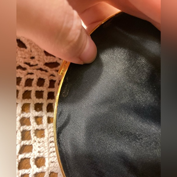 Vintage Circular Clutch Black Bag With Stitched Florals, Gold Accents - Picture 12 of 17